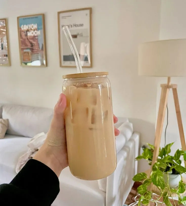 Plain Glass Coffee Mug With Wooden Lid and straw