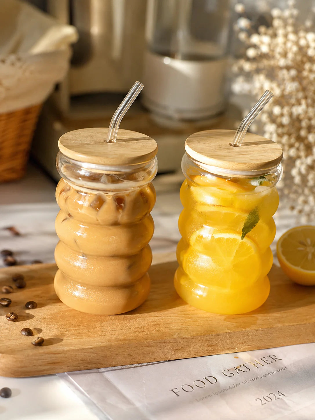 Bubble Coffee Mug With Wooden Lid & Straw