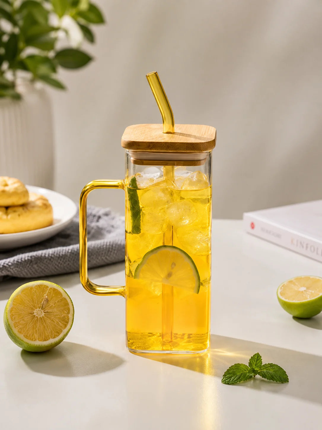 Aesthetic Square Coffee Mug With Wooden Lid & Straw