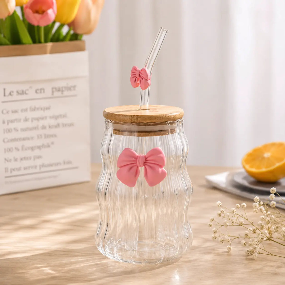 Aesthetic Bow Pinterest Glass Mug With Wooden Lid