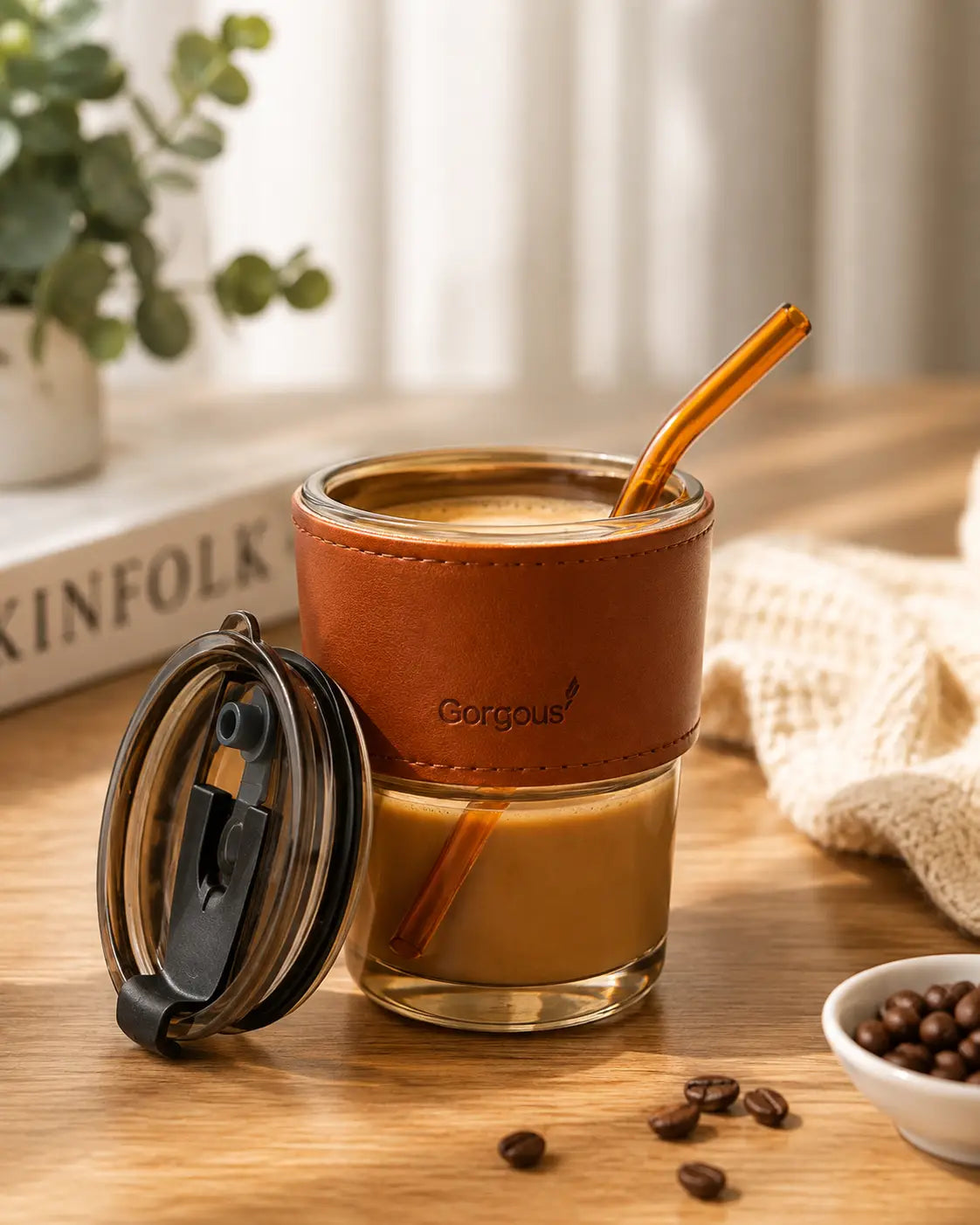 Premium Amber Glass Coffee Tumbler 400ml – Elegant Travel Mug with Leather Heat Sleeve & Reusable Glass Straw